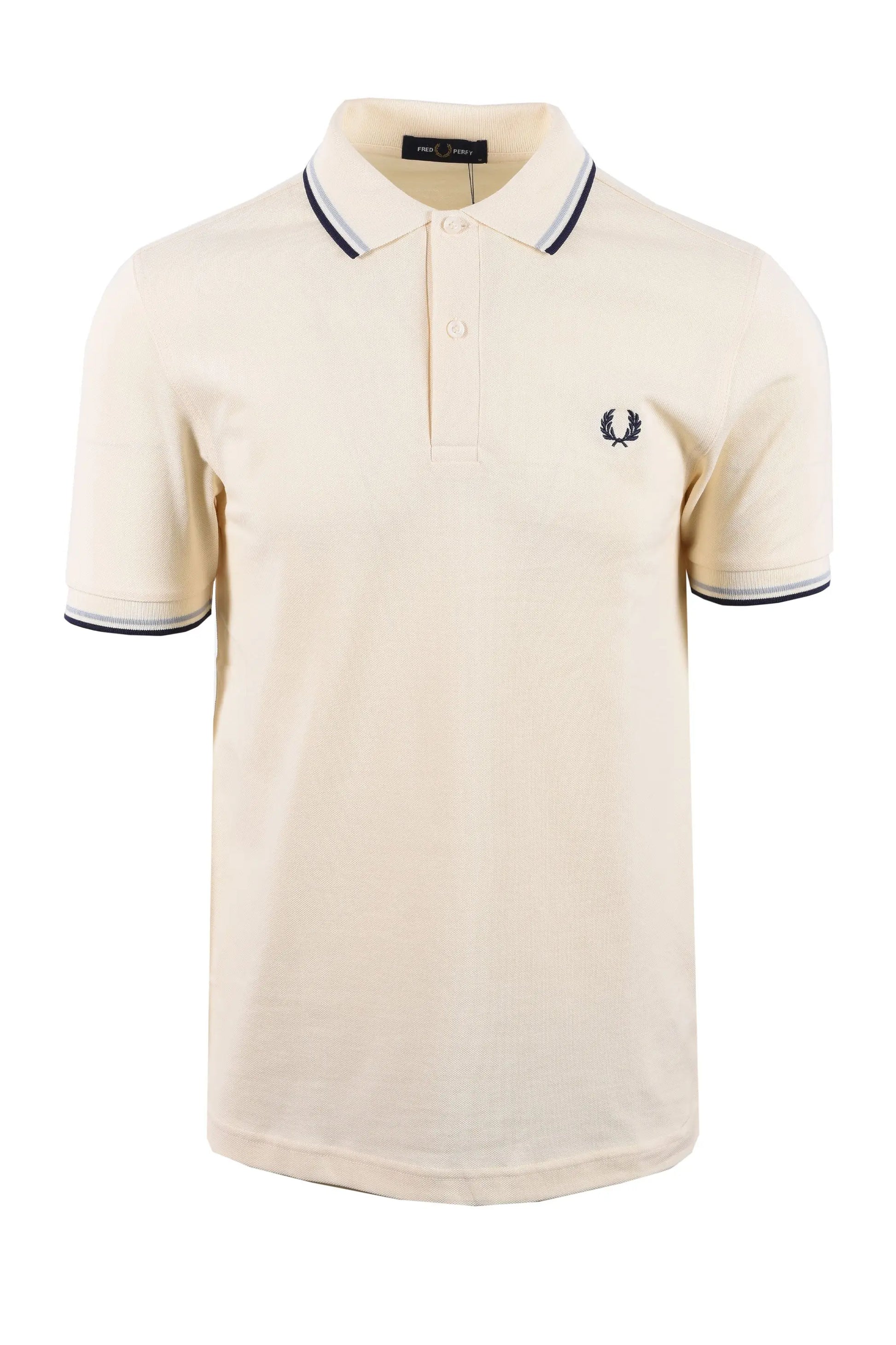 Beige polo shirt with fred perry logo on a white background
