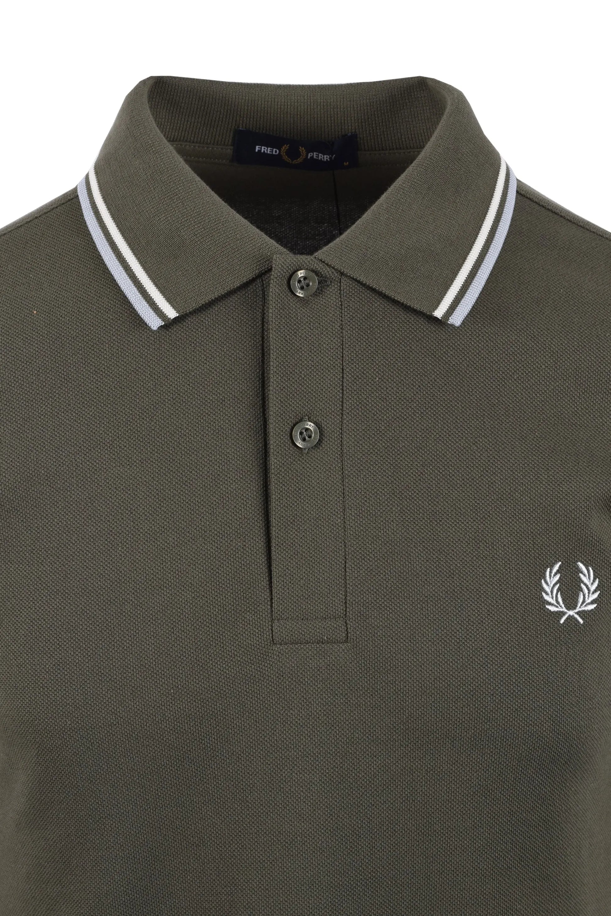 Green fred perry polo shirt with white collar and logo on a white background