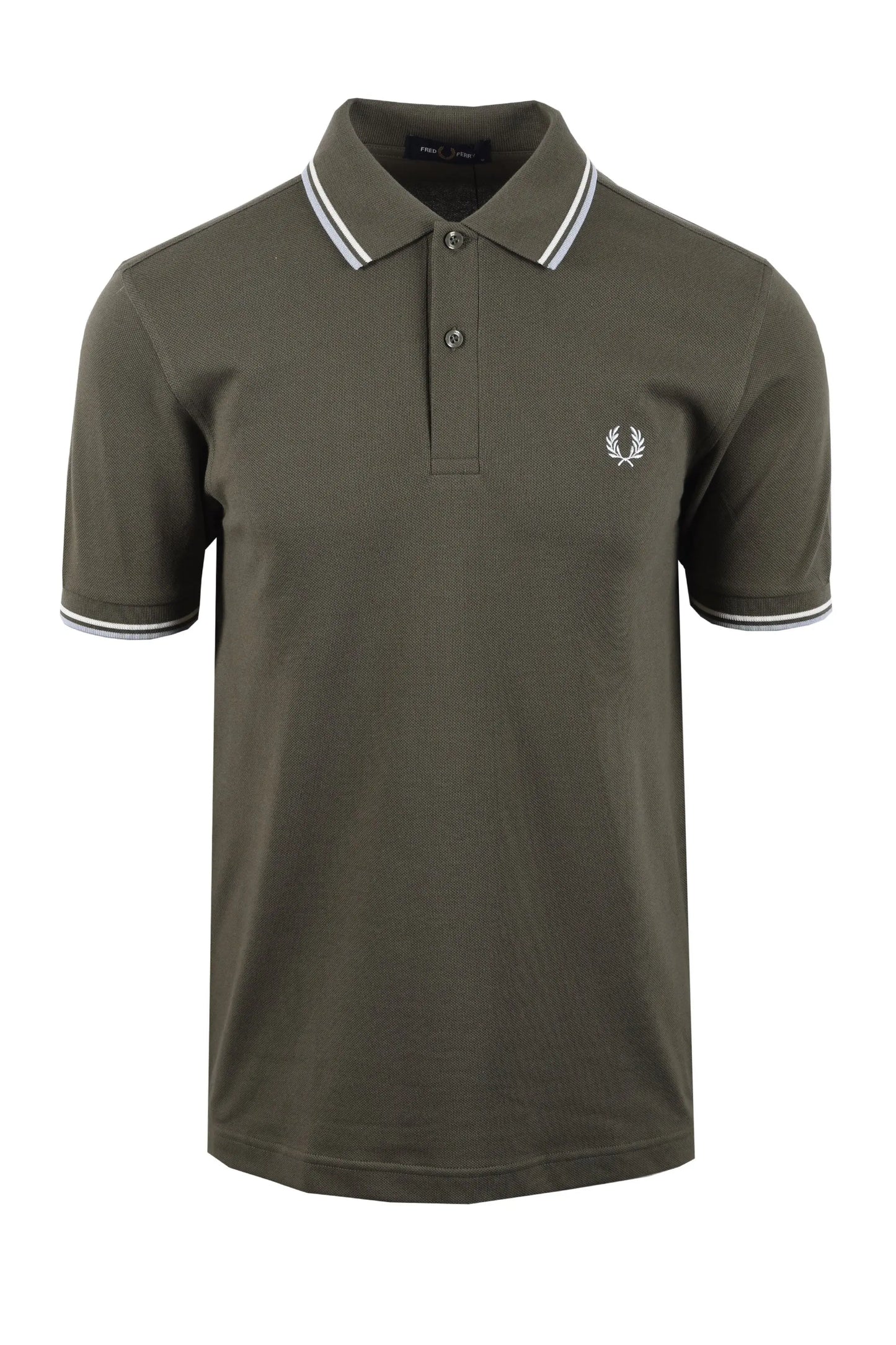 Green fred perry polo shirt with white trim on a white background