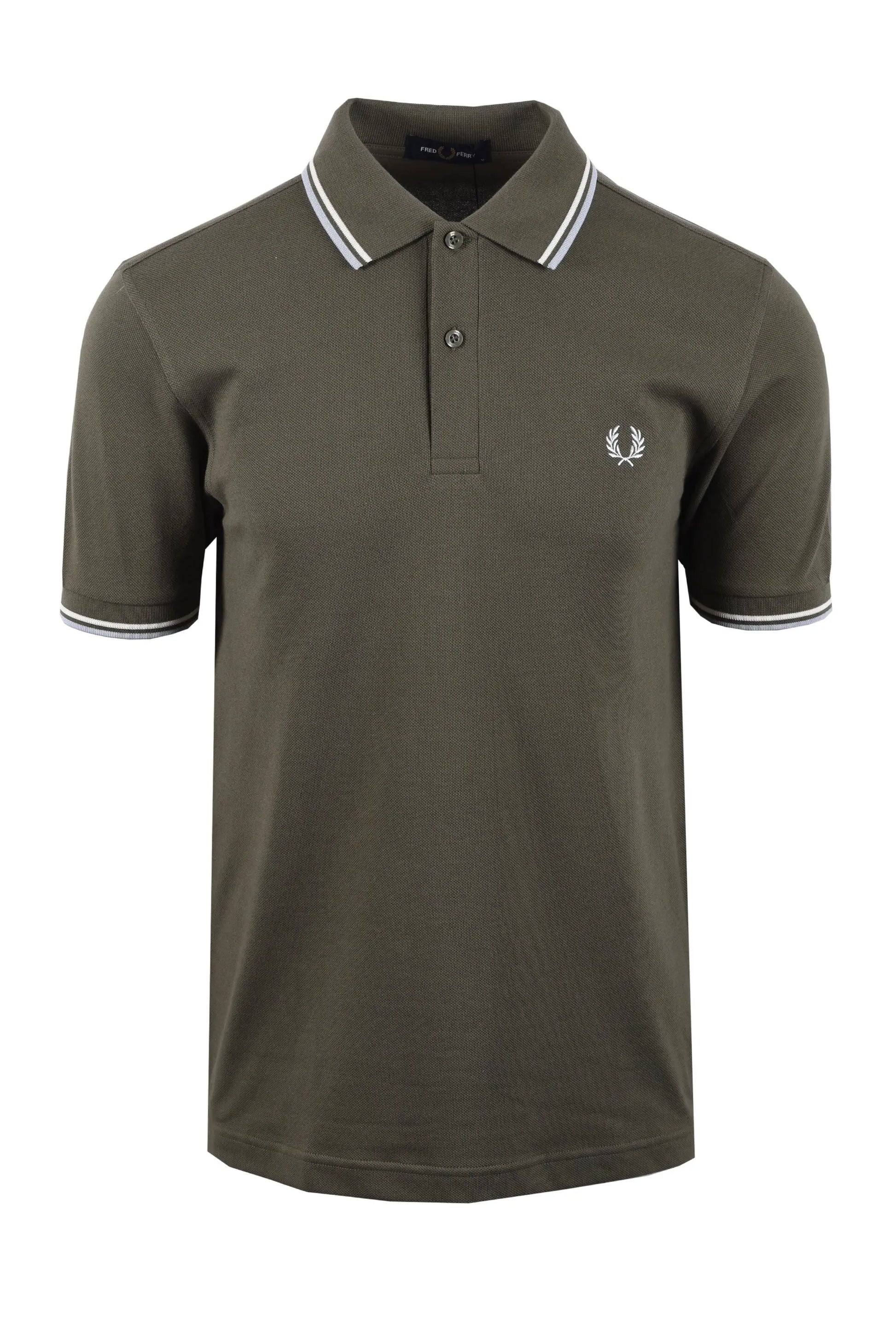Green fred perry polo shirt with white trim on a white background