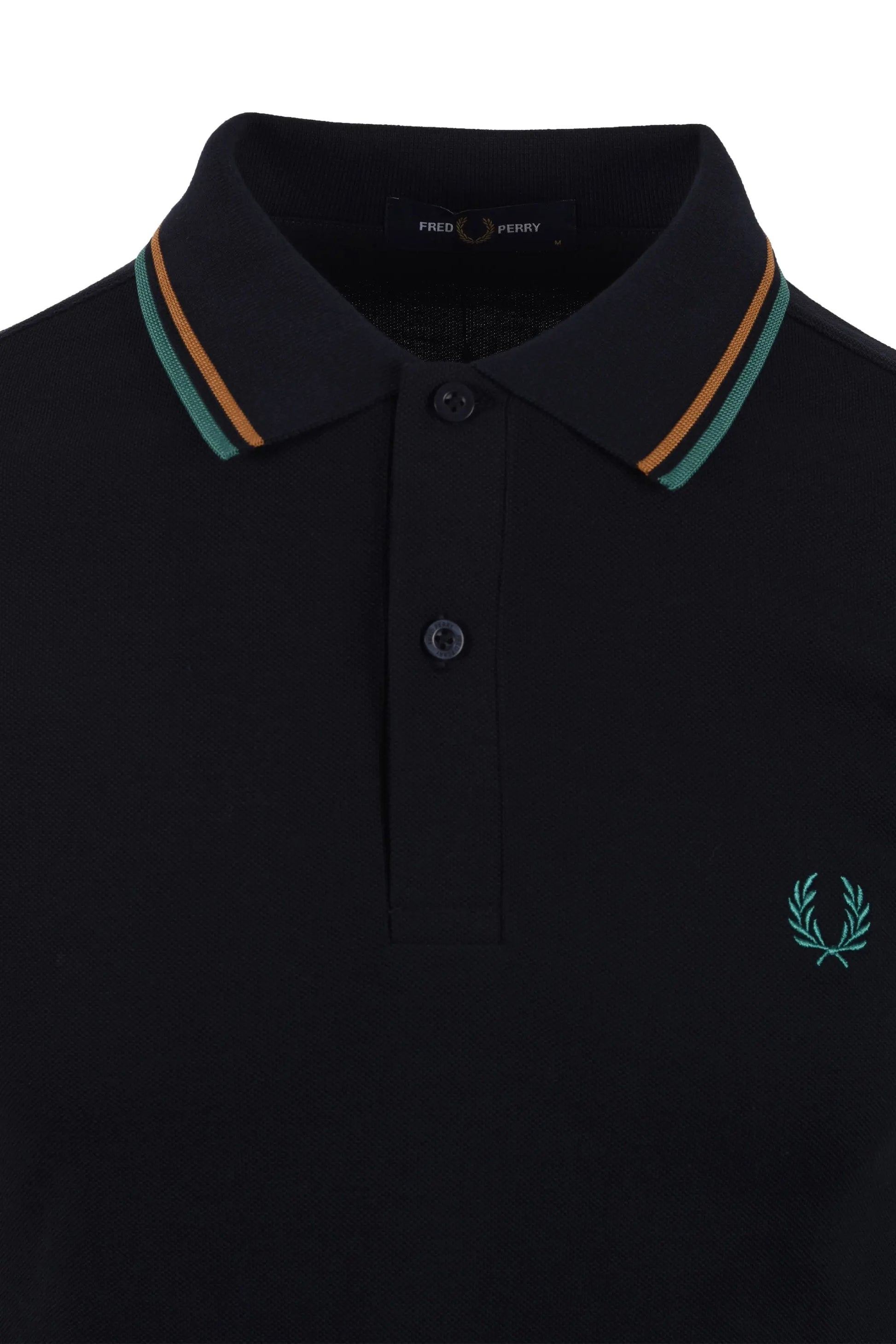 navy fred perry polo shirt with green and orange trim and Fred Perry logo on a white background