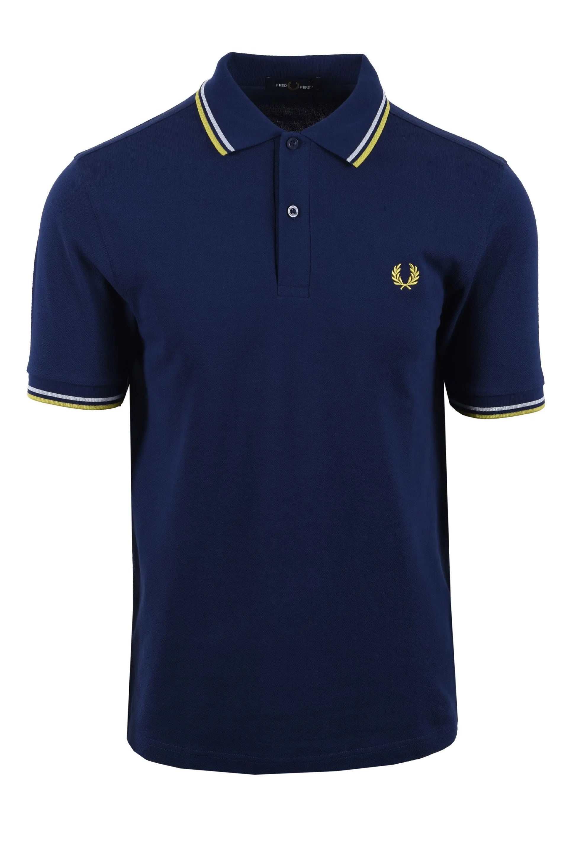 Navy blue fred perry polo shirt with yellow accents on a white background