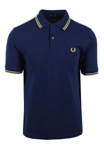 Navy blue fred perry polo shirt with yellow accents on a white background