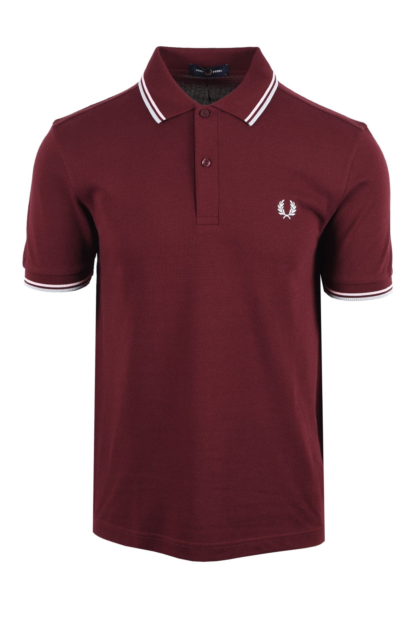 FRED PERRY TWIN TIPPED POLO SHIRT OXBLOOD/ICED PINK/DUSKY BLUE Fred Perry Michael Stewart Menswear  Polo Shirts