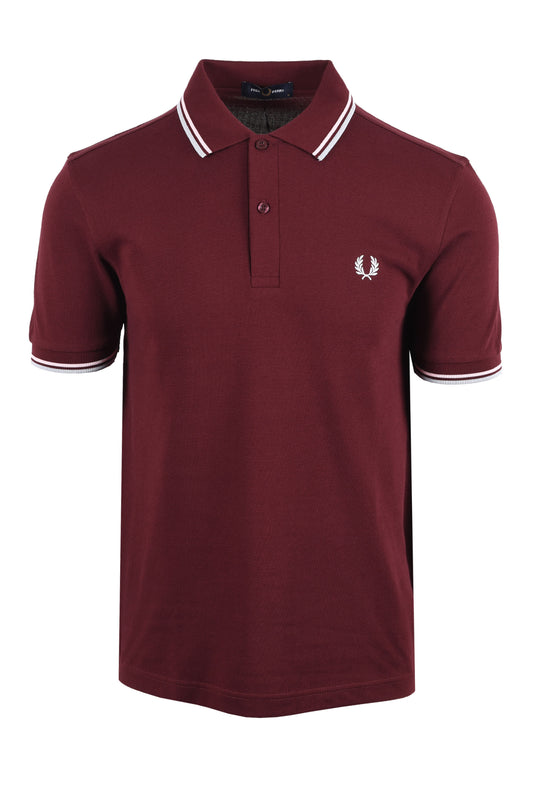 FRED PERRY TWIN TIPPED POLO SHIRT OXBLOOD/ICED PINK/DUSKY BLUE Fred Perry Michael Stewart Menswear  Polo Shirts