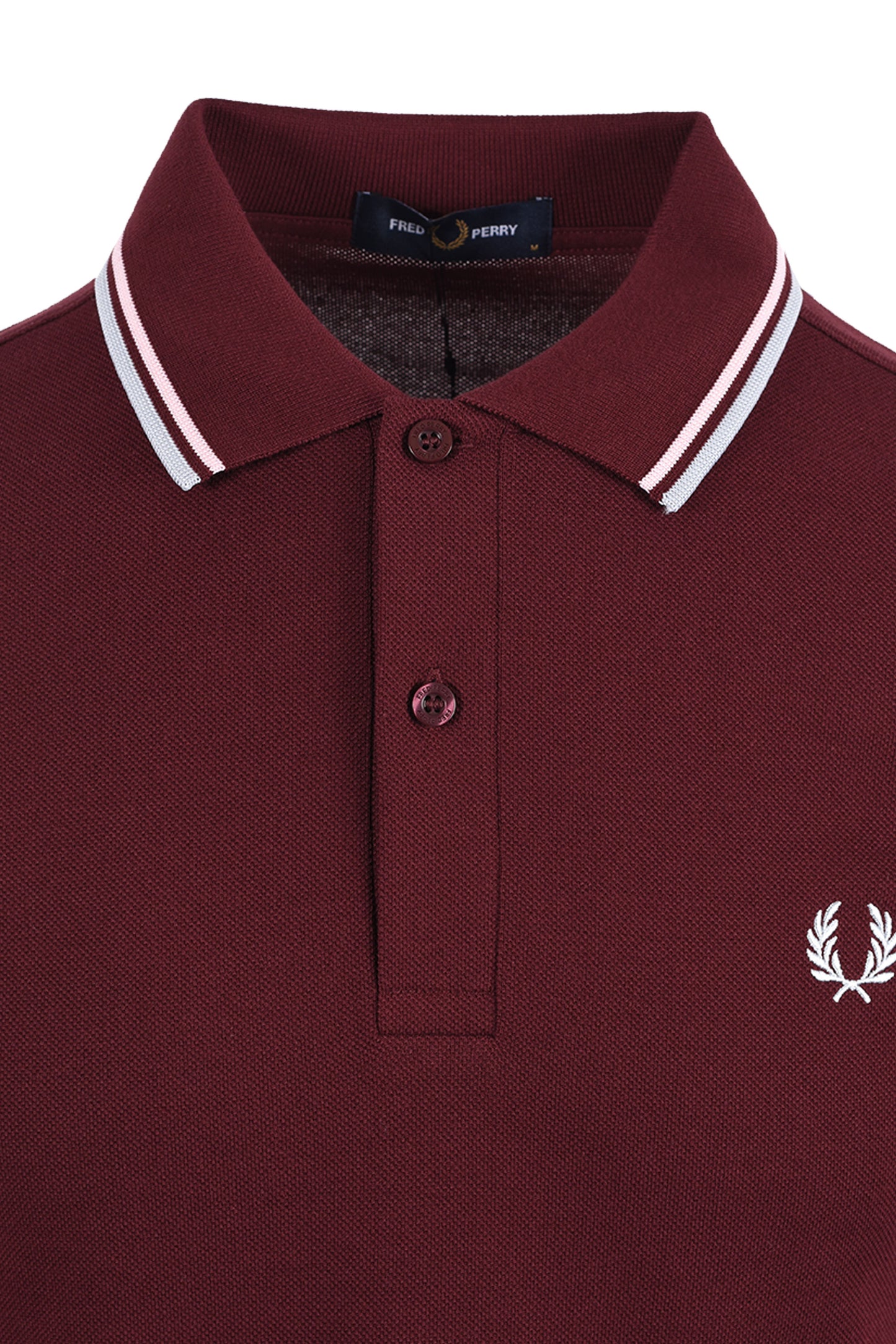 FRED PERRY TWIN TIPPED POLO SHIRT OXBLOOD/ICED PINK/DUSKY BLUE Fred Perry Michael Stewart Menswear  Polo Shirts