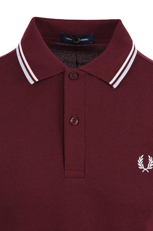 FRED PERRY TWIN TIPPED POLO SHIRT OXBLOOD/ICED PINK/DUSKY BLUE Fred Perry Michael Stewart Menswear  Polo Shirts