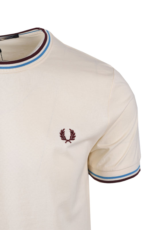 FRED PERRY TWIN TIPPED T-SHIRT ECRU/COURT BLUE/OXBLOOD