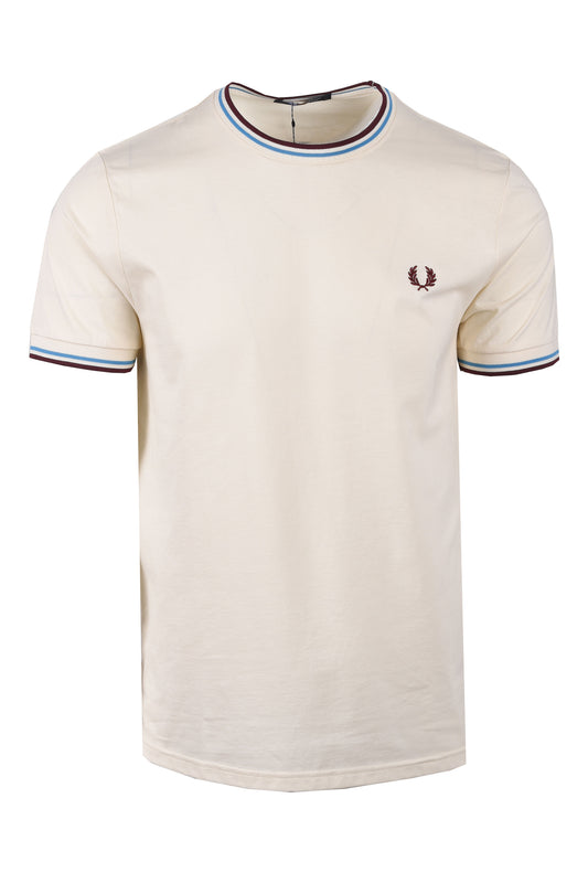 FRED PERRY TWIN TIPPED T-SHIRT ECRU/COURT BLUE/OXBLOOD