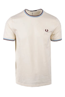 FRED PERRY TWIN TIPPED T-SHIRT ECRU/COURT BLUE/OXBLOOD Fred Perry
