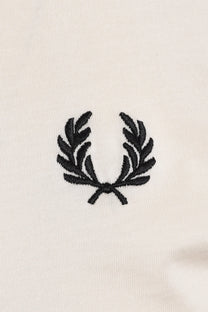 Black Fred Perry logo on a white t-shirt close up