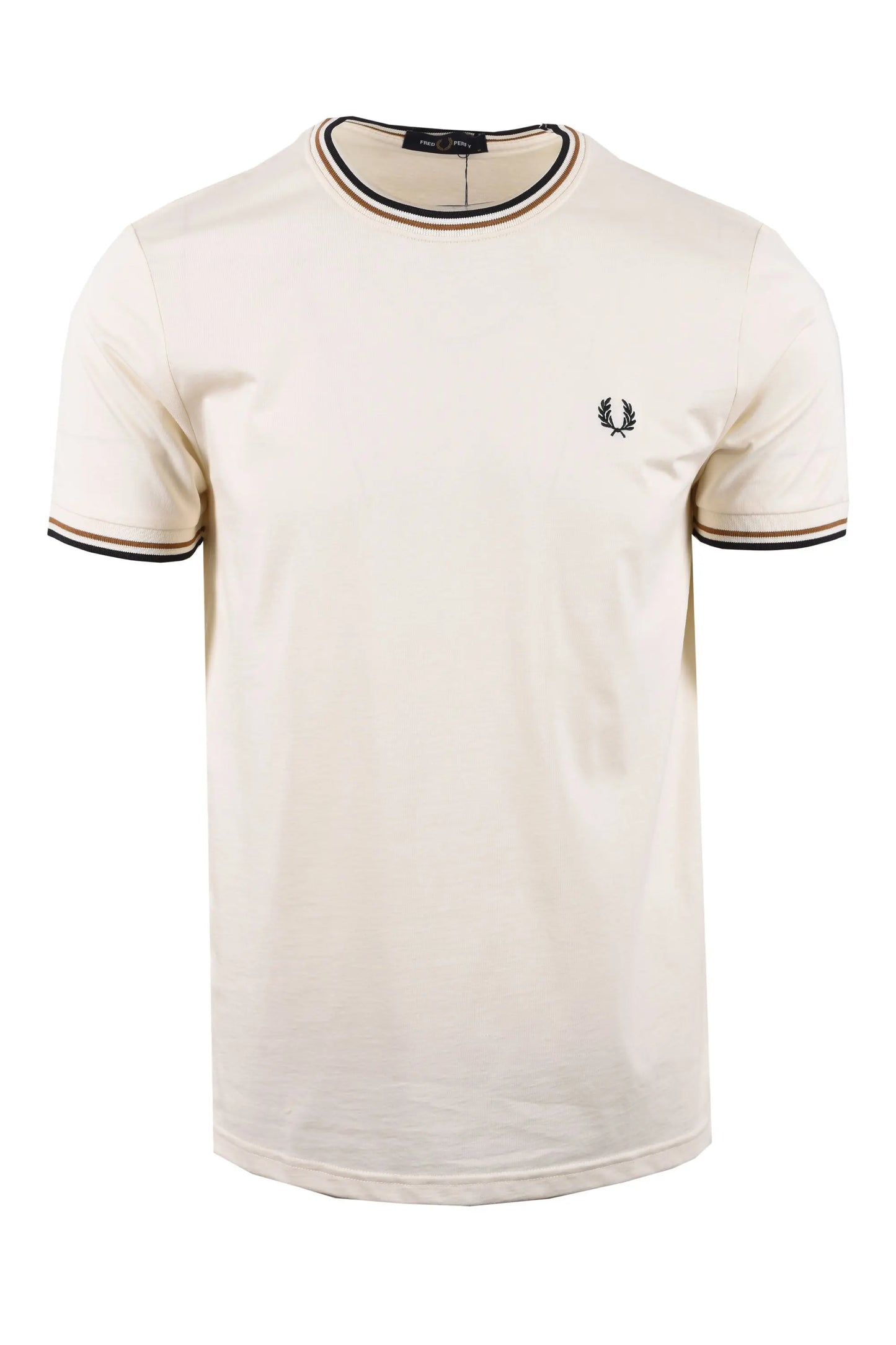 White fred perry  t-shirt with black trim on a white background
