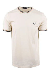 White fred perry  t-shirt with black trim on a white background