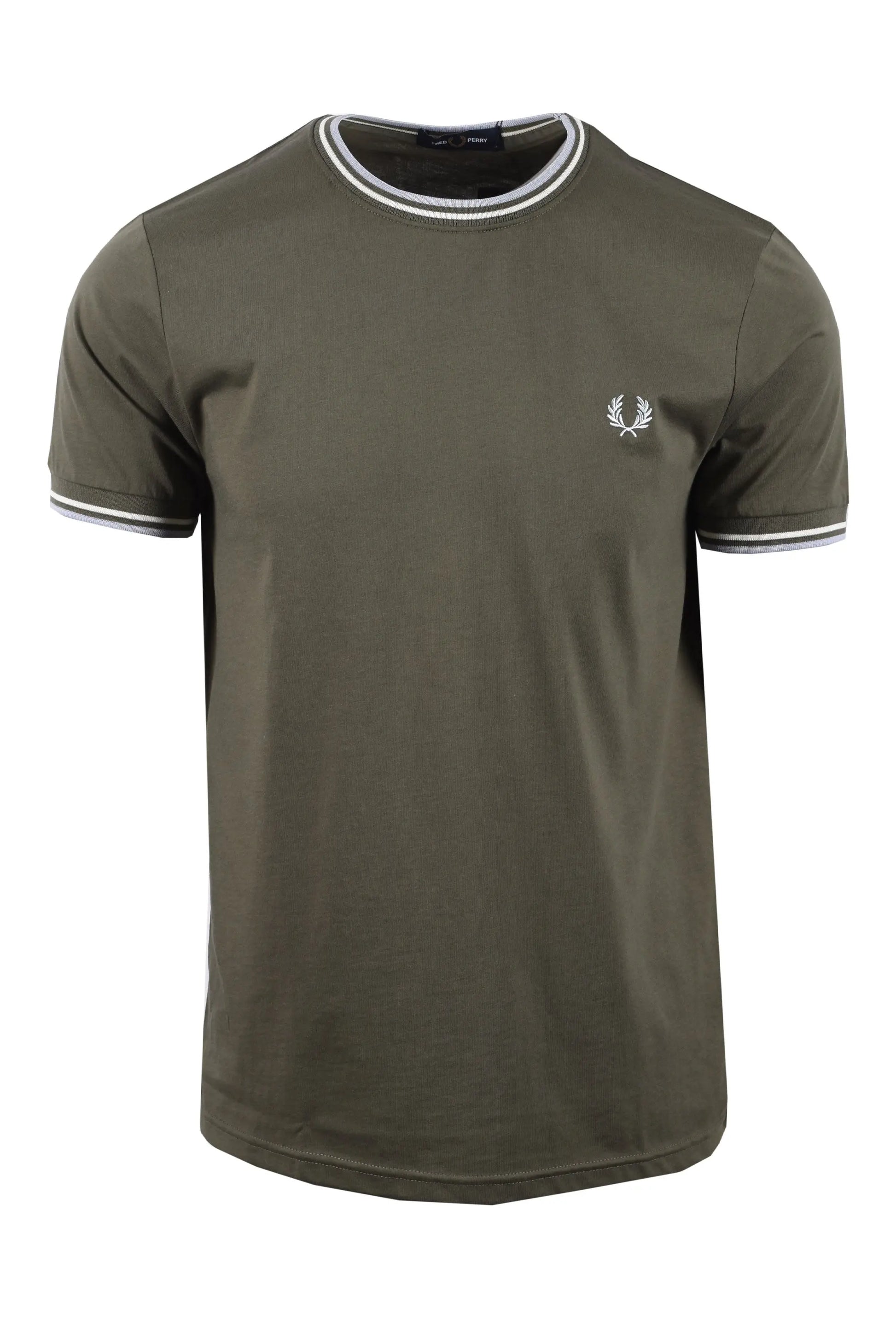 Green fred perry t-shirt with white trim and brand logo on a white background