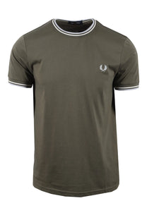 Green fred perry t-shirt with white trim and brand logo on a white background