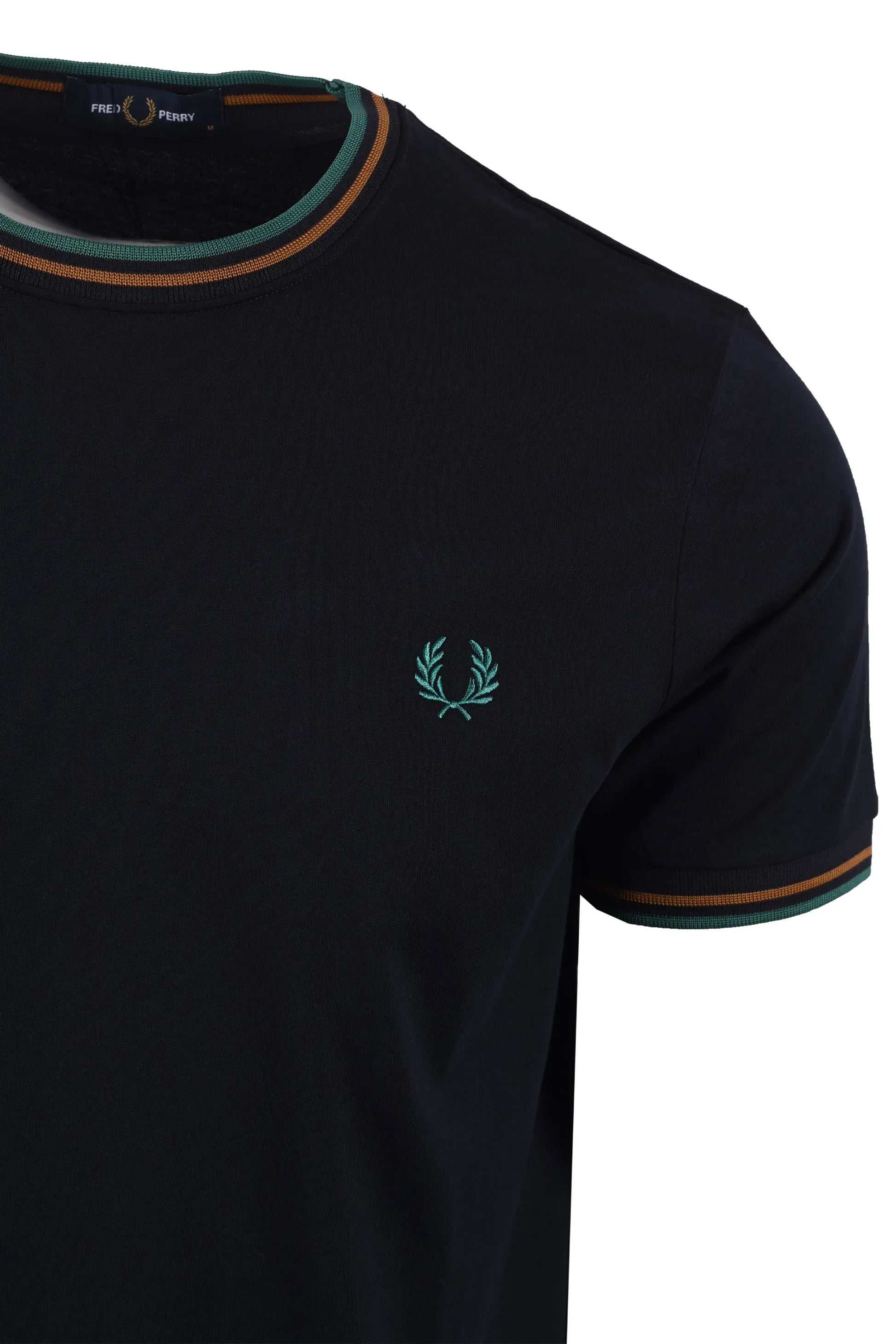 navy fred perry t-shirt with a green logo on a white background