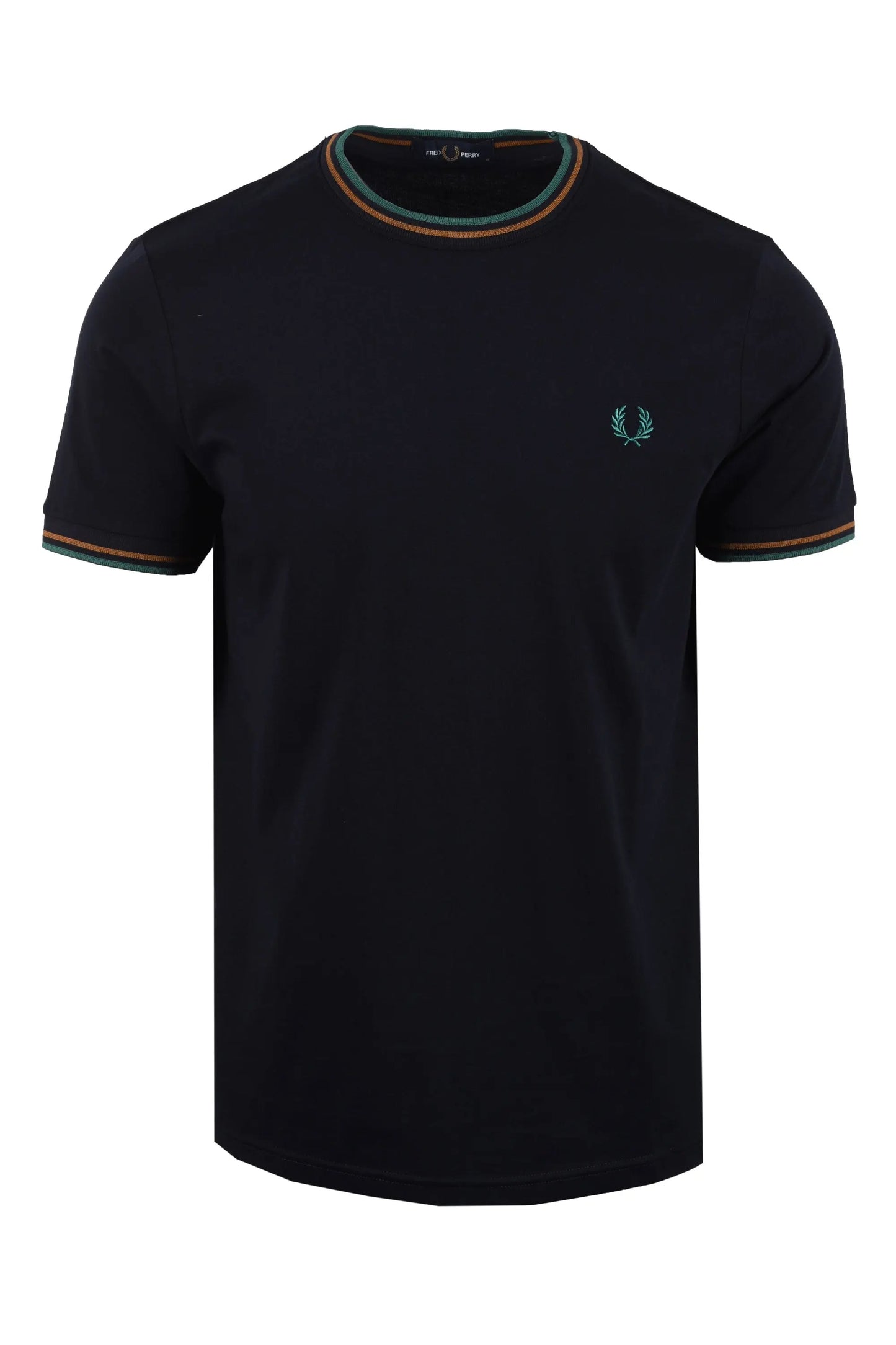 navy fred perry t-shirt with teal and orange tipping on white background