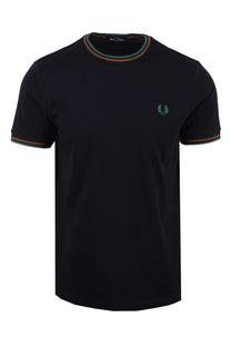 navy fred perry t-shirt with teal and orange tipping on white background