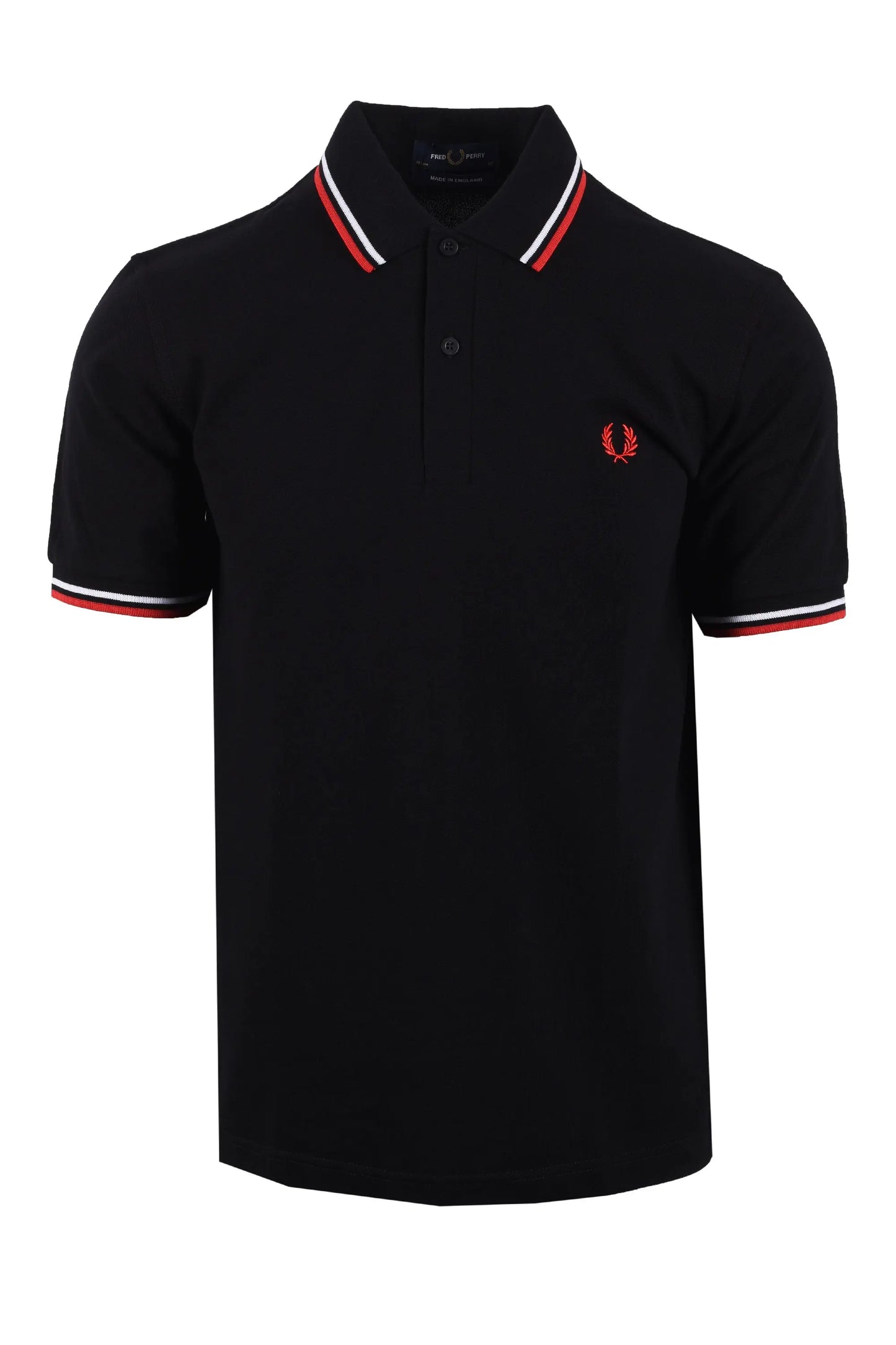black fred perry polo with white and red tipping on a white background