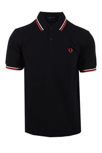 black fred perry polo with white and red tipping on a white background