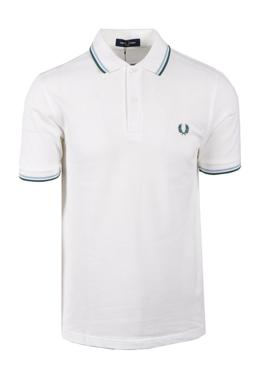 FRED PERRY TWIN TIPPED POLO SHIRT SNOW WHITE/TRACK BLUE/SPORT GREEN