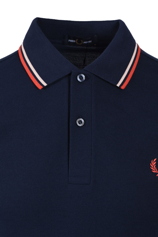 FRED PERRY TWIN TIPPED POLO SHIRT TENNIS BLUE/SILKY PEACH/FLAMINGO TAN