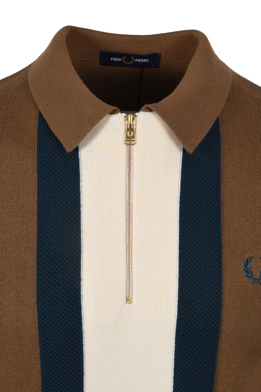 Fred Perry Stripe Knitted Shirt Shaded Stone