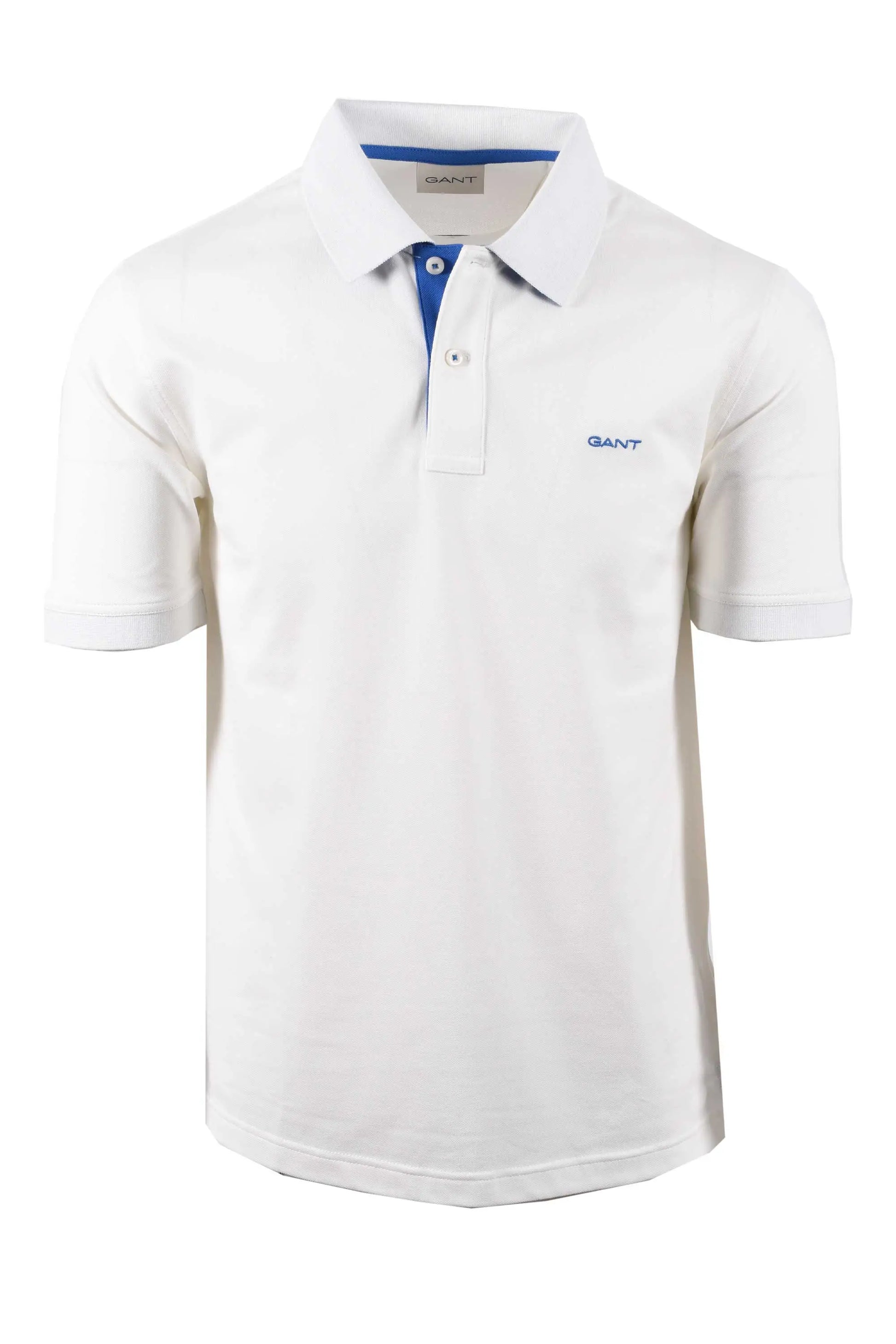 Full image of a Gant contrast pique polo in the colour egg shell. It features a contrasting blue colour throughout the placket and the branding and is pictured  on a white background.
