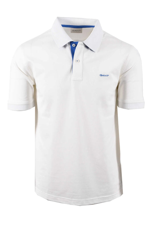 Full image of a Gant contrast pique polo in the colour egg shell. It features a contrasting blue colour throughout the placket and the branding and is pictured  on a white background.