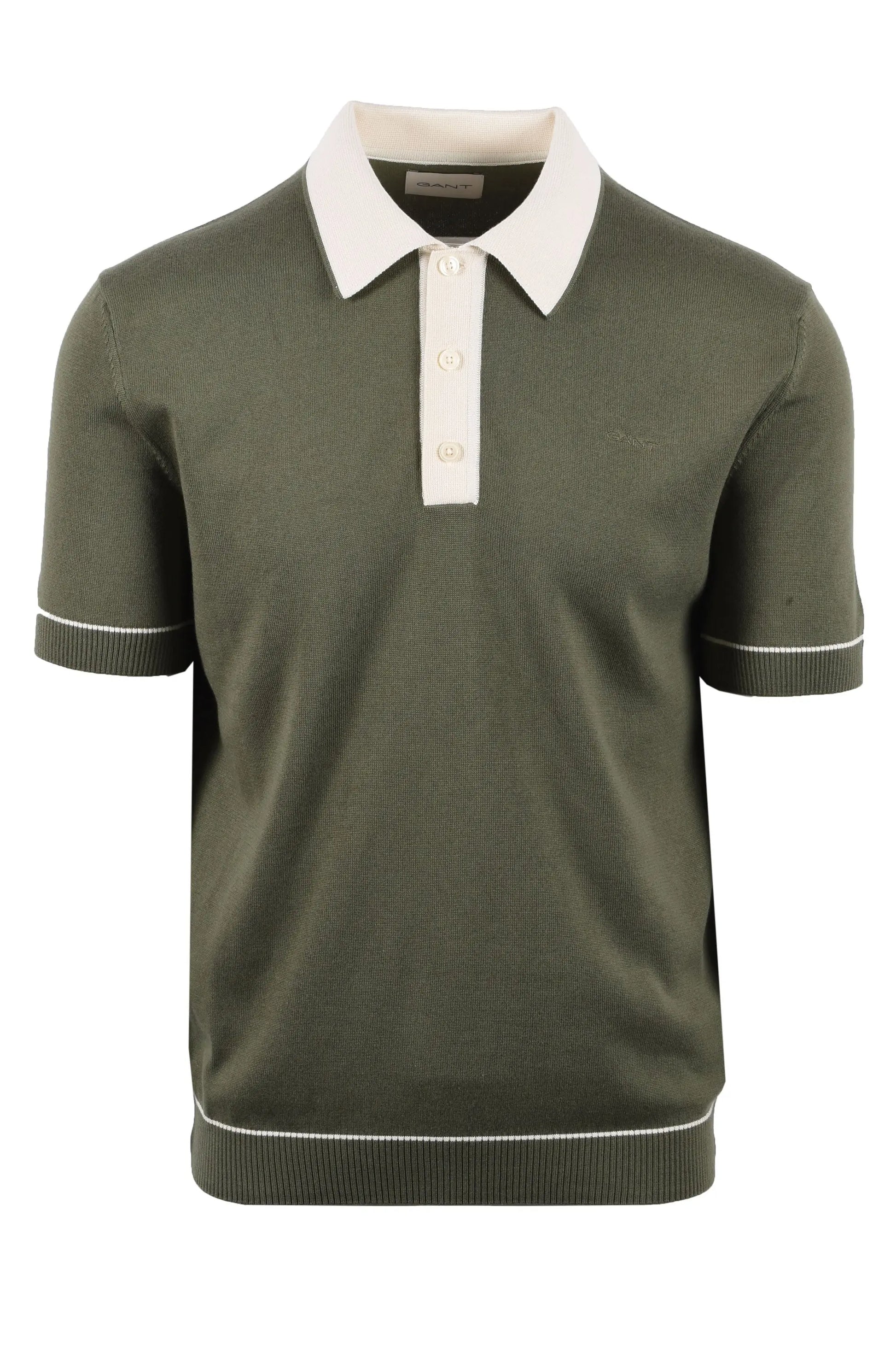Full picture of the Gant cotton modal knitted polo in the colour dry herb, features some cream coloured accents along the placket sleeves and waist