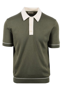 Full picture of the Gant cotton modal knitted polo in the colour dry herb, features some cream coloured accents along the placket sleeves and waist
