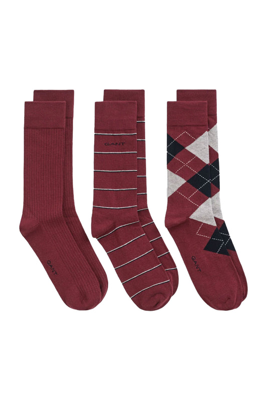 Gant 3-Pack Argyle & Stripe Socks Plumped Red
