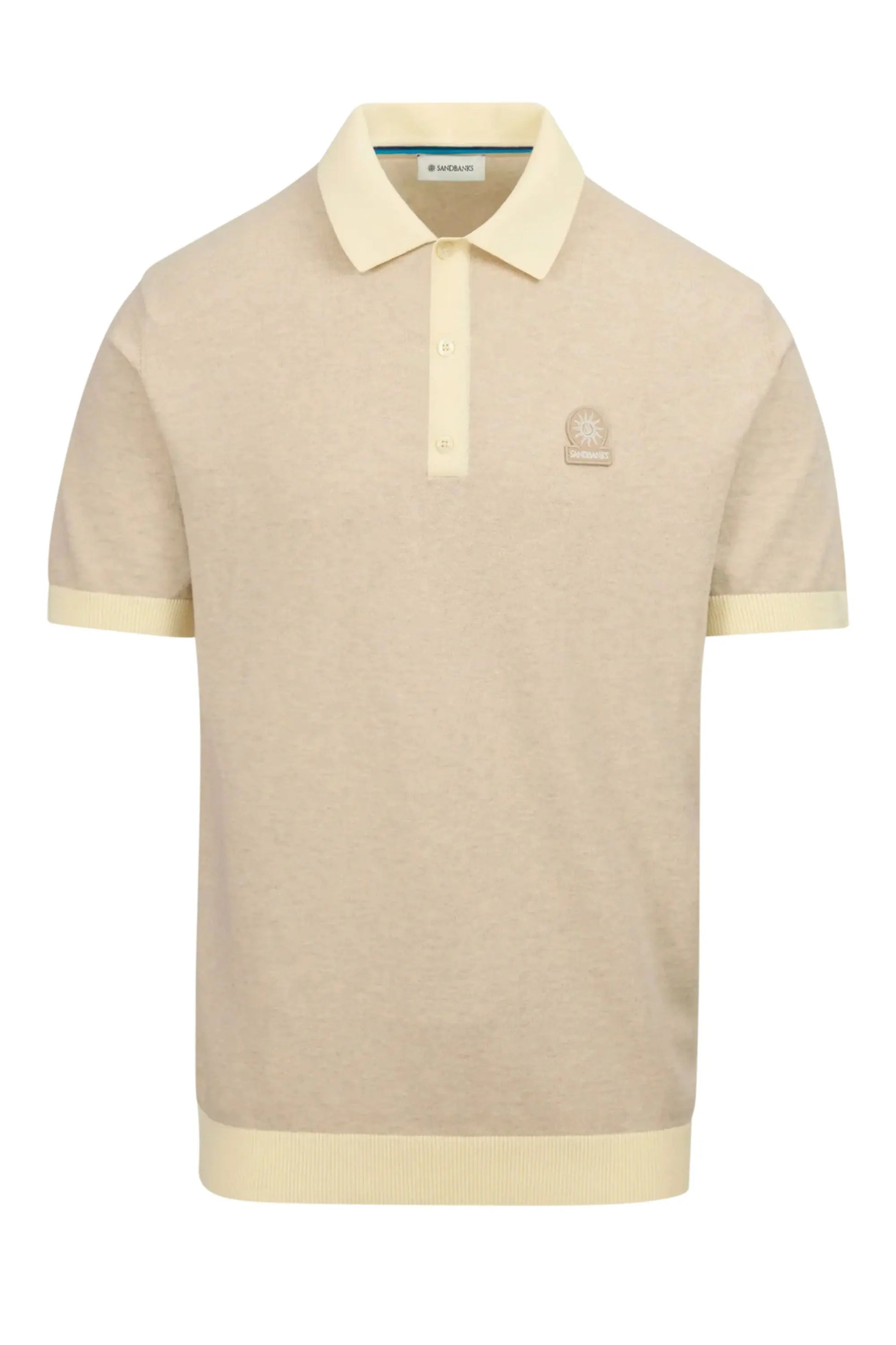 A picture of a Sandbanks knitted polo in beige it has a matching beige coloured Sandbanks logo up on the chest.