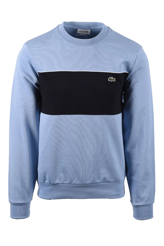 Full image of a Lacoste colour block sweatshirt, features the iconic Lacoste crocodile logo.