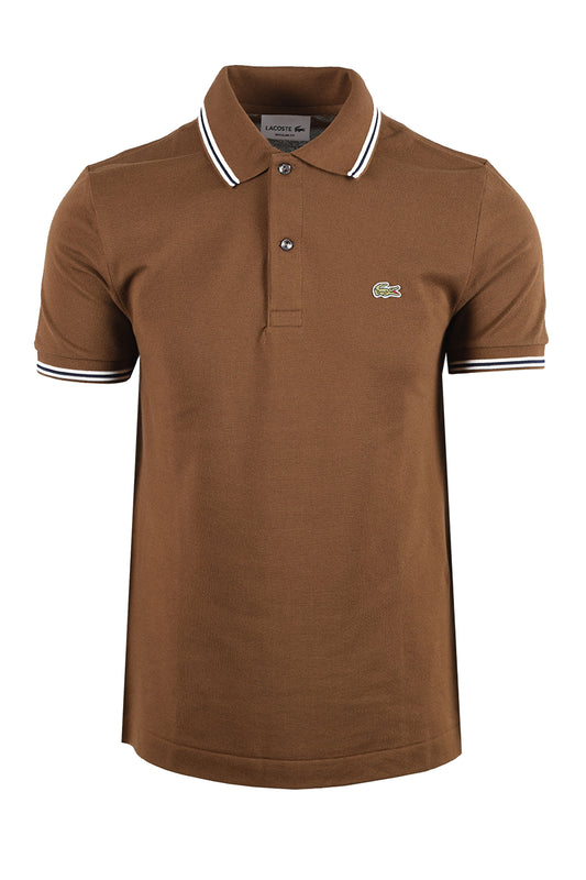 LACOSTE SHORT SLEEVED RIBBED COLLAR POLO BROWN Lacoste Michael Stewart Menswear  Polo Shirts