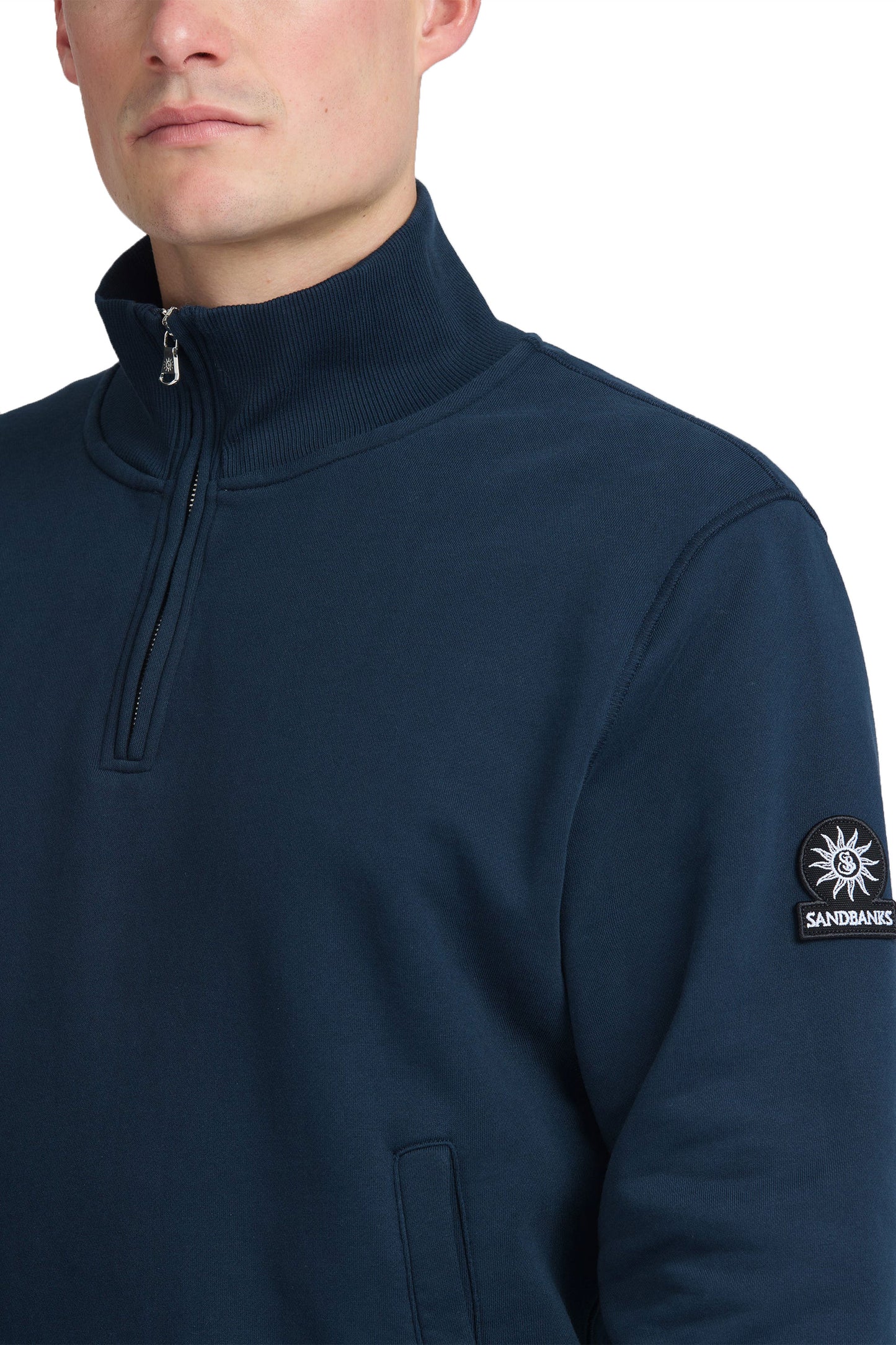 SANDBANKS BADGE LOGO QUARTER ZIP SWEATSHIRT NAVY