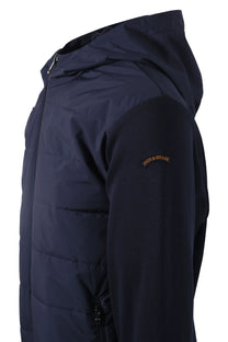 Navy blue puffer jacket with a paul and shark logo on a white background