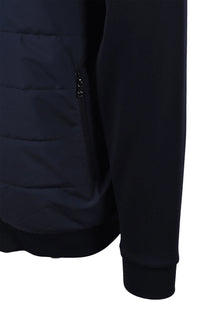 Close-up of a navy blue jacket with a zipper on a white background