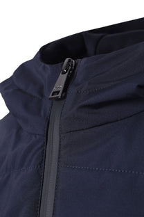 Close-up of a navy blue paul and shark jacket zipper on a white background