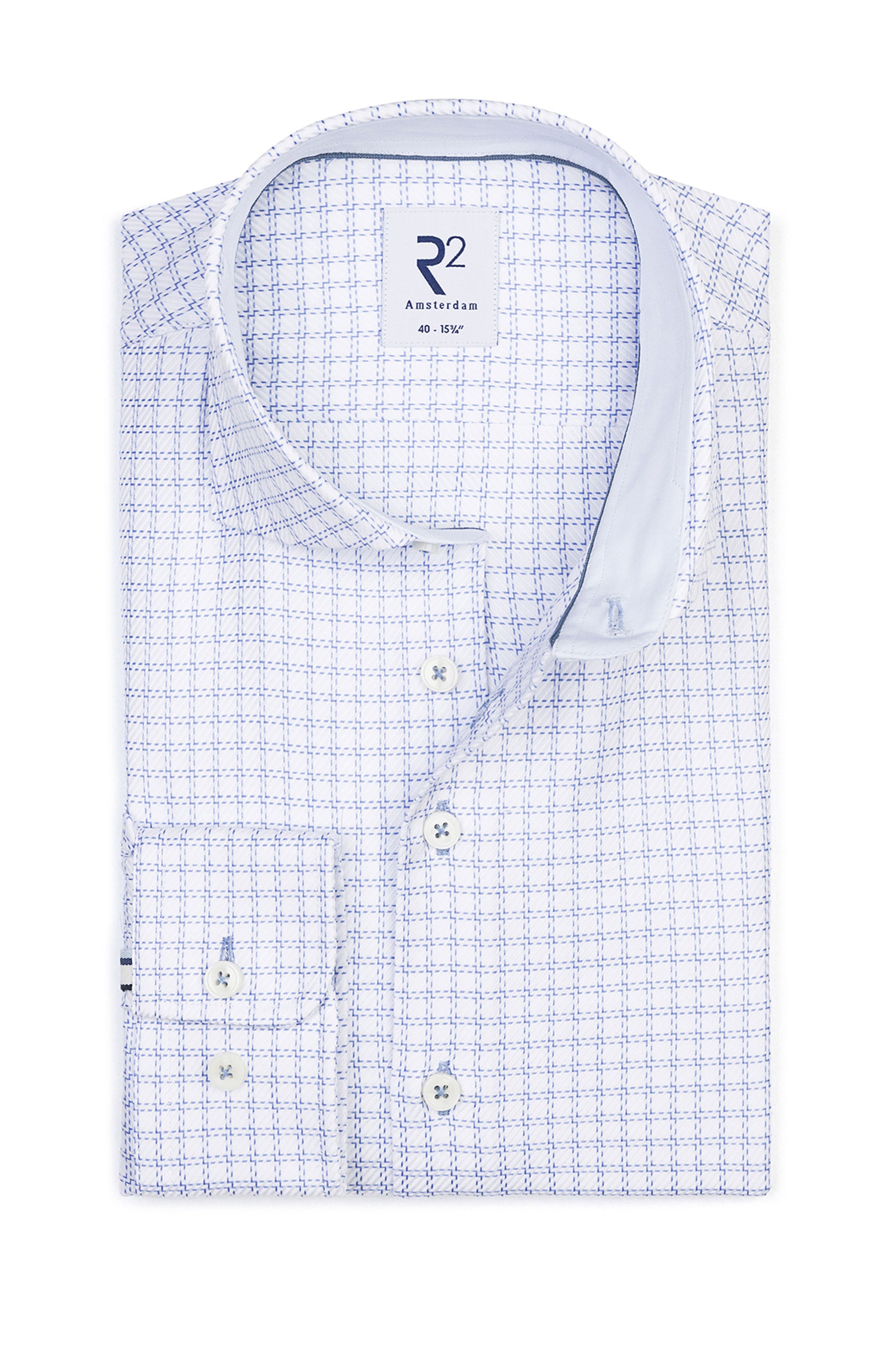R2 CUT AWAY COLLAR LONG SLEEVE SHIRT BLUE AND WHITE CHECK R2 Michael Stewart Menswear  Shirts