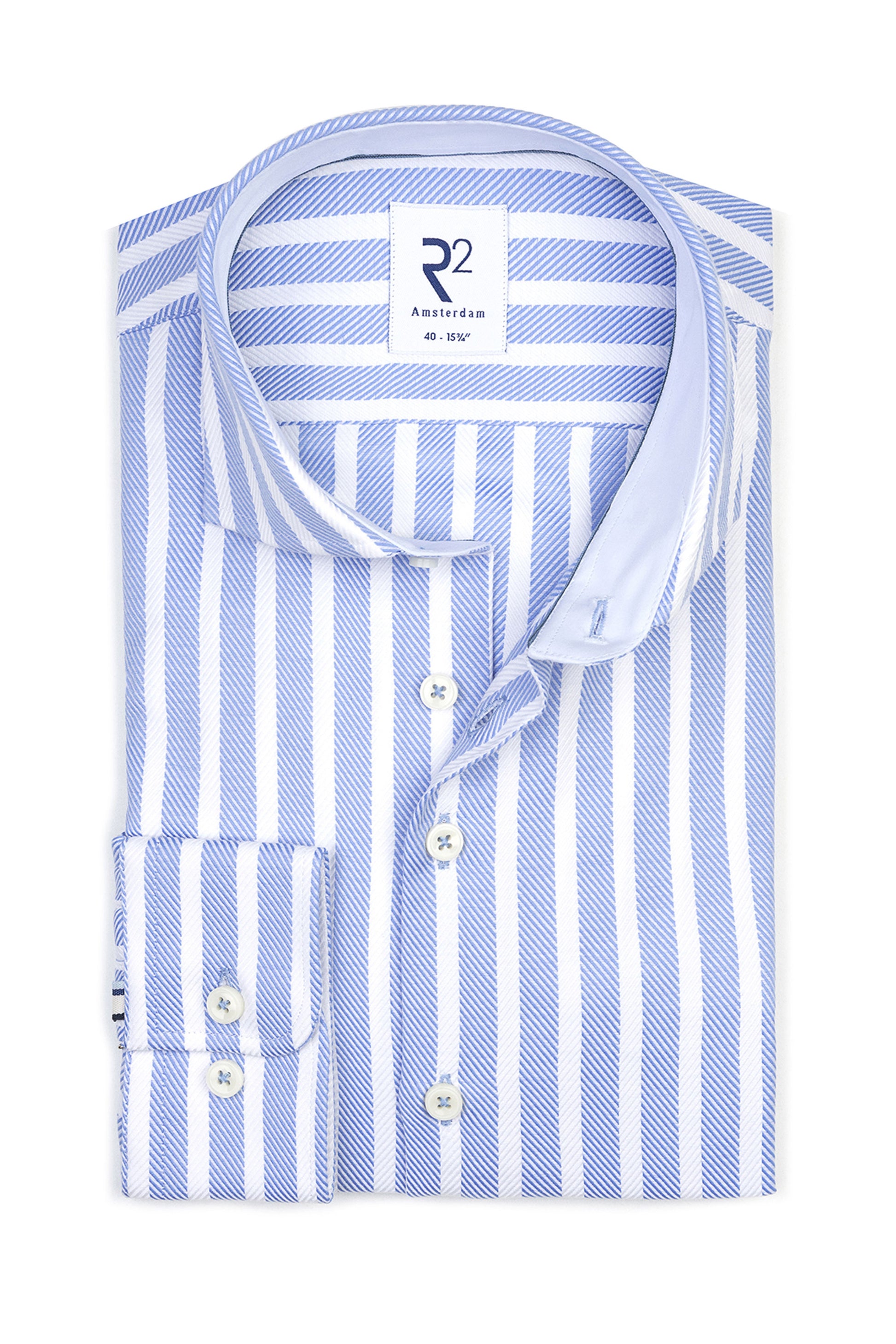 R2 CUT AWAY COLLAR LONG SLEEVED SHIRT BLUE & WHITE STRIPE R2 Michael Stewart Menswear  Shirts
