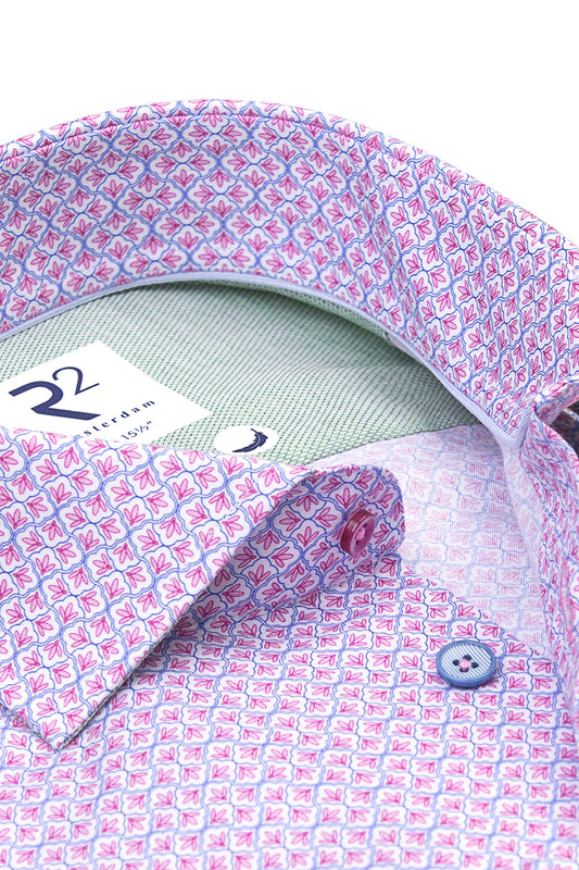 R2 CUT AWAY COLLAR LONG SLEEVED SHIRT PINK PATTERNED