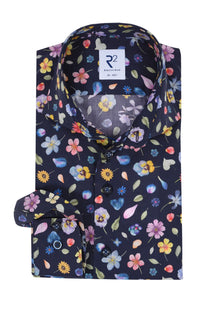 R2 LONG SLEEVED CUT AWAY COLLAR SHIRT NAVY FLORAL R2