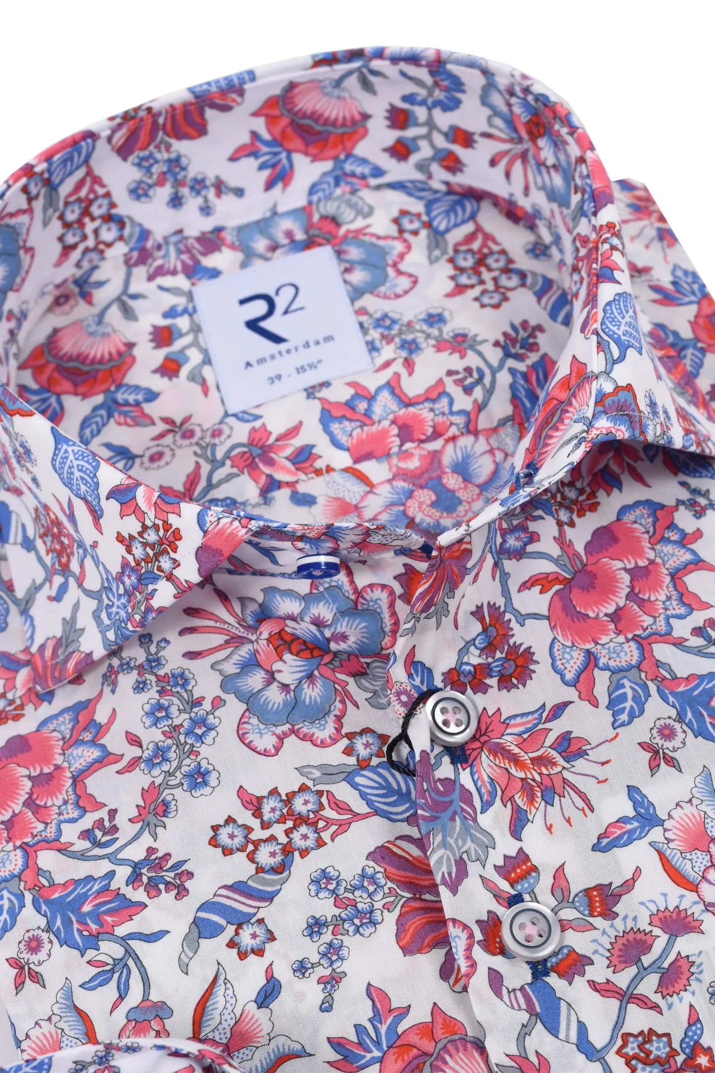R2 LONG SLEEVED CUT AWAY COLLAR SHIRT WHITE FLORAL R2
