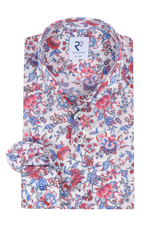 R2 LONG SLEEVED CUT AWAY COLLAR SHIRT WHITE FLORAL R2