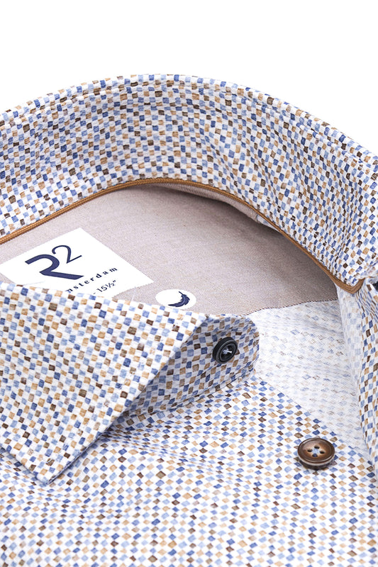 R2 Long Sleeved Cut Away Collar Pattered Shirt