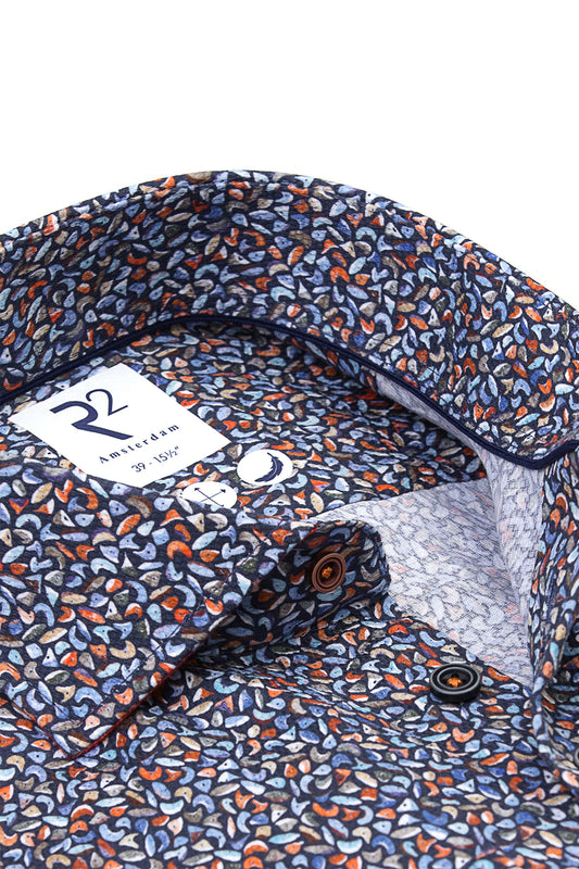 R2 Long Sleeved Cut Away Collar Pattered Shirt Multip-Coloured