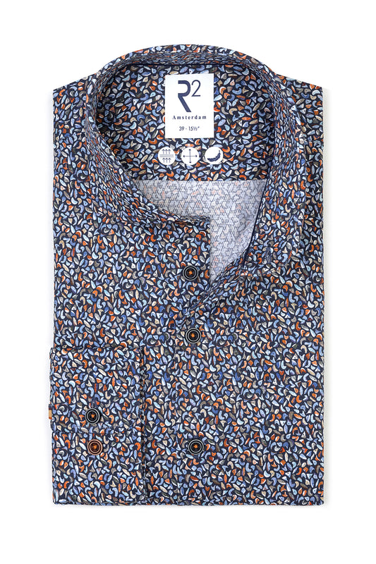 R2 Long Sleeved Cut Away Collar Pattered Shirt Multip-Coloured