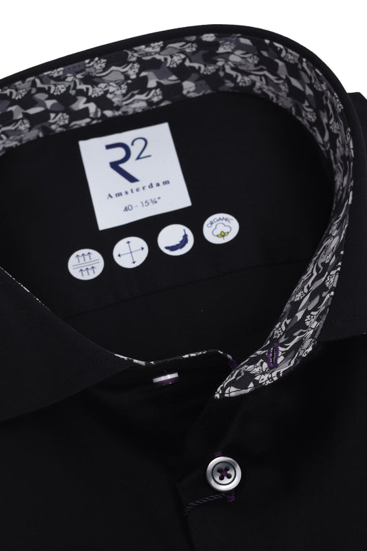 R2 Long Sleeved Cut Away Collar Shirt Black