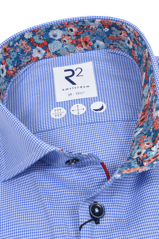 R2 Long Sleeved Cut Away Collar Shirt Blue Check